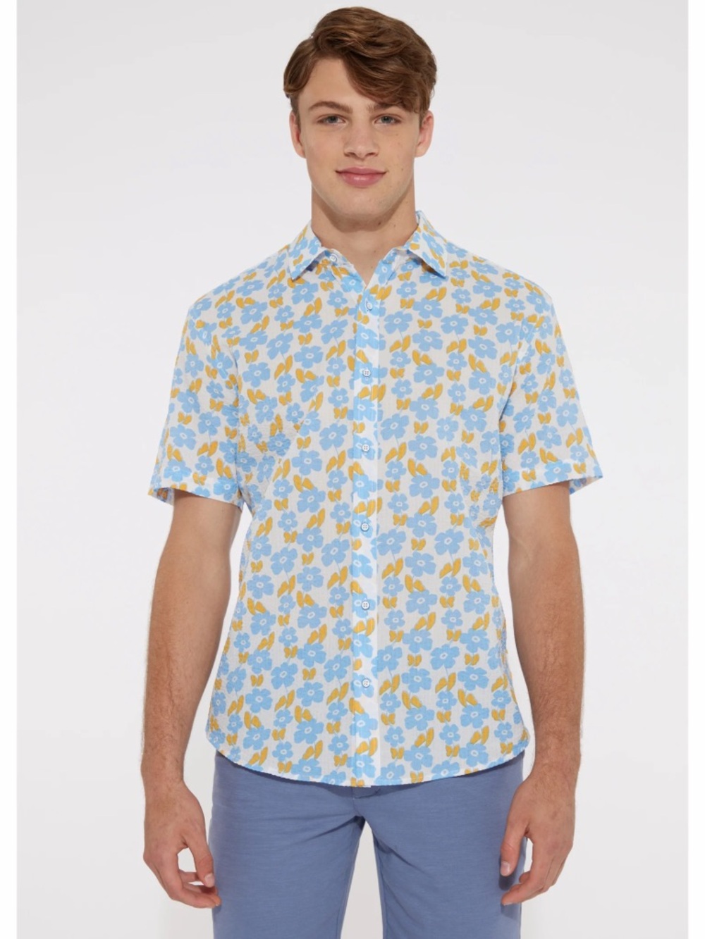 Postmarc Blue Apricot Floral Seersucker Shirt Size S Button Down Preppy Casual